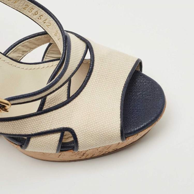 Pre Owned Yves Saint Laurent White/Navy Blue Canvas Deauville Cork Wedge Sandals Size 37