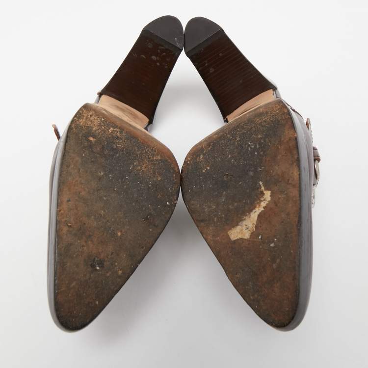 Pre Owned Yves Saint Laurent Dark Brown Leather Buckle Platform Mules Size 36