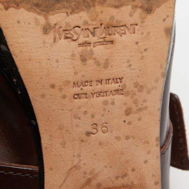Pre Owned Yves Saint Laurent Dark Brown Leather Buckle Platform Mules Size 36