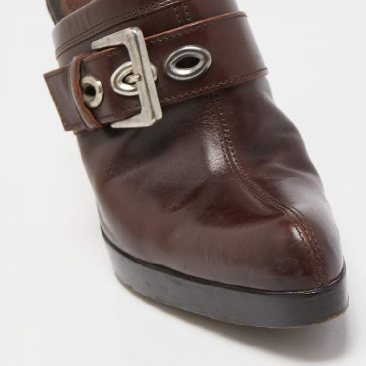 Pre Owned Yves Saint Laurent Dark Brown Leather Buckle Platform Mules Size 36