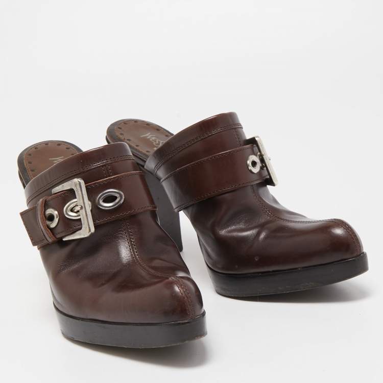 Pre Owned Yves Saint Laurent Dark Brown Leather Buckle Platform Mules Size 36
