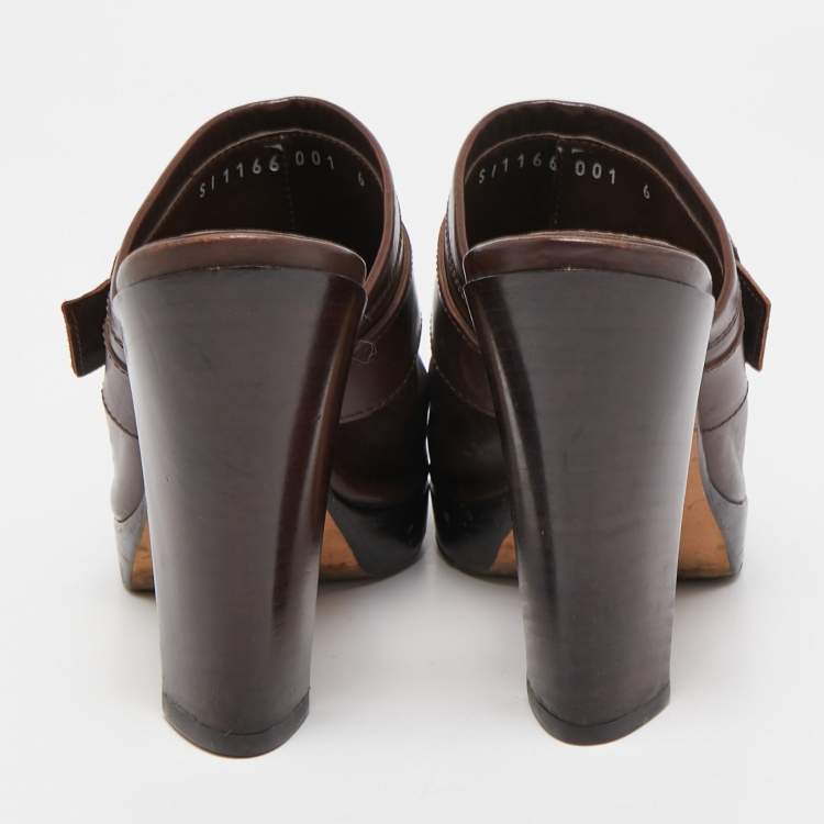 Pre Owned Yves Saint Laurent Dark Brown Leather Buckle Platform Mules Size 36