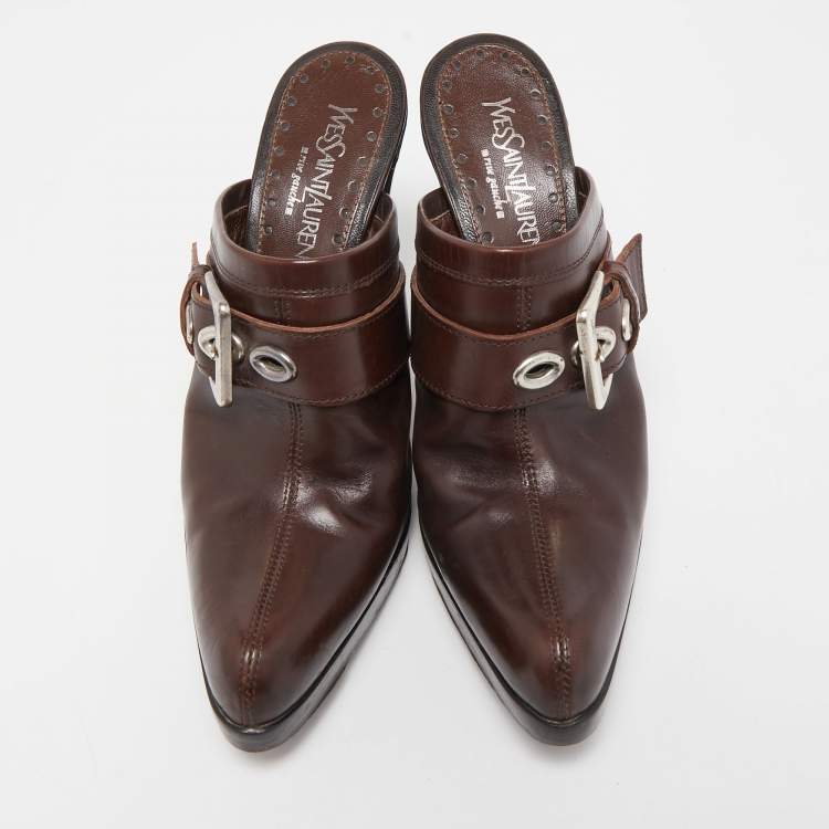 Pre Owned Yves Saint Laurent Dark Brown Leather Buckle Platform Mules Size 36