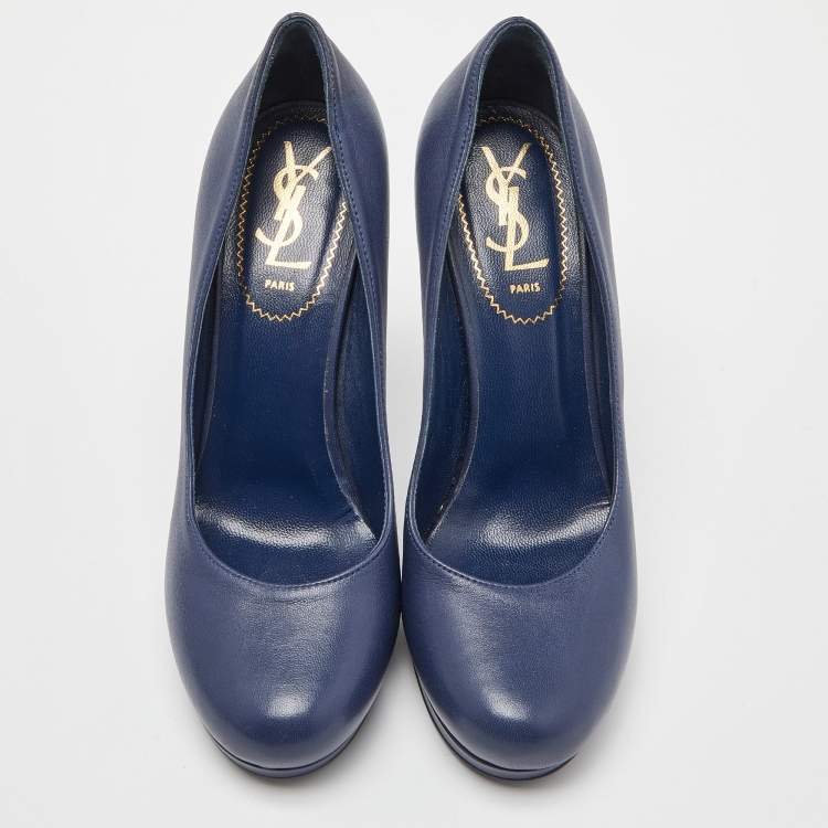 Pre Owned Yves Saint Laurent Navy Blue Leather Platform Pumps Size 37