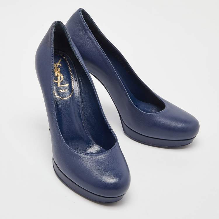 Pre Owned Yves Saint Laurent Navy Blue Leather Platform Pumps Size 37