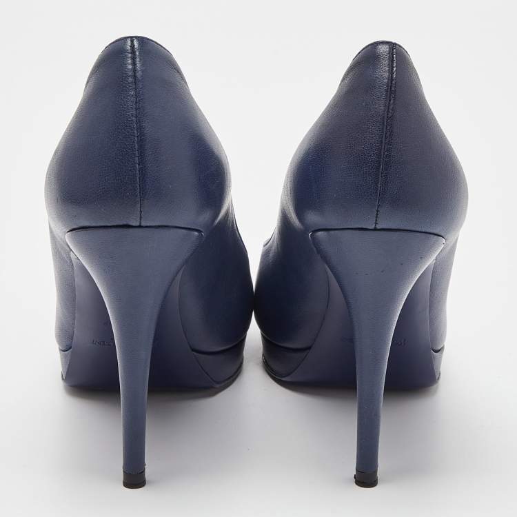 Pre Owned Yves Saint Laurent Navy Blue Leather Platform Pumps Size 37