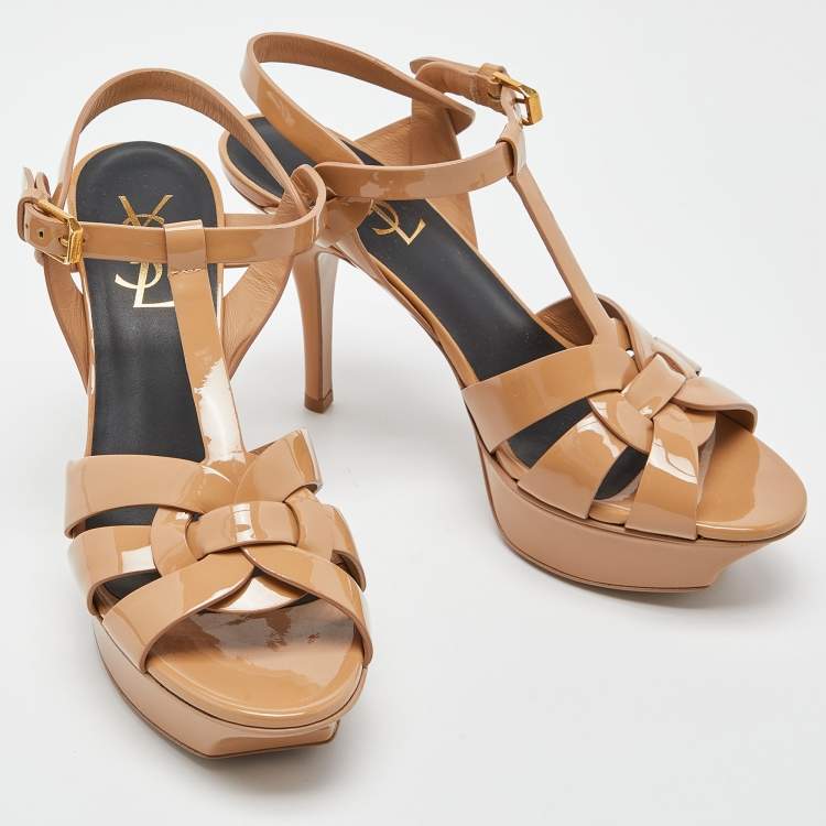 Pre Owned Yves Saint Laurent Beige Patent Leather Tribute Ankle Strap Sandals Size 36.5