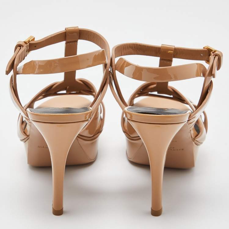 Pre Owned Yves Saint Laurent Beige Patent Leather Tribute Ankle Strap Sandals Size 36.5