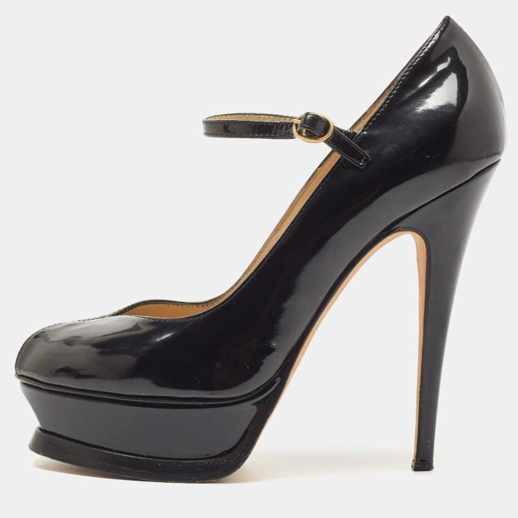 Yves Saint Laurent Black Patent Leather Open Toe Tribute Too Heels