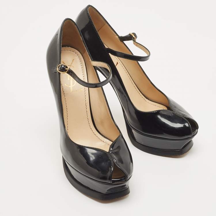 Pre Owned Yves Saint Laurent Black Patent Tribute Ankle Strap Pumps Size 37.5