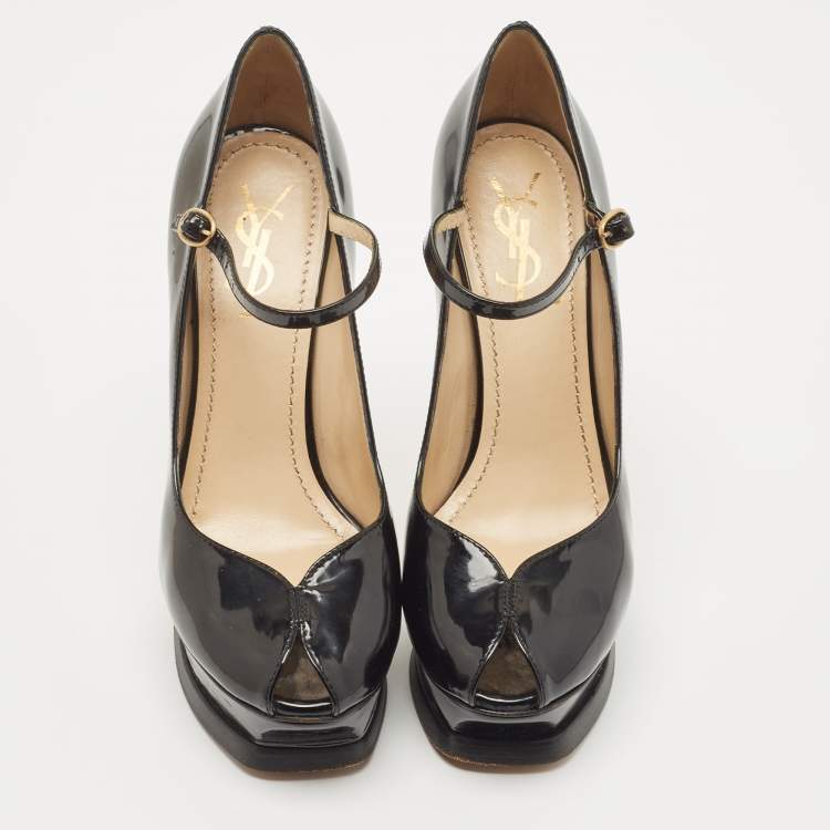 Pre Owned Yves Saint Laurent Black Patent Tribute Ankle Strap Pumps Size 37.5