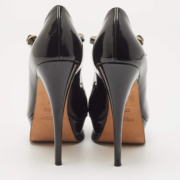 Pre Owned Yves Saint Laurent Black Patent Tribute Ankle Strap Pumps Size 37.5