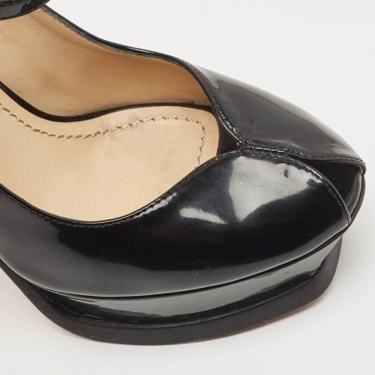 Pre Owned Yves Saint Laurent Black Patent Tribute Ankle Strap Pumps Size 37.5
