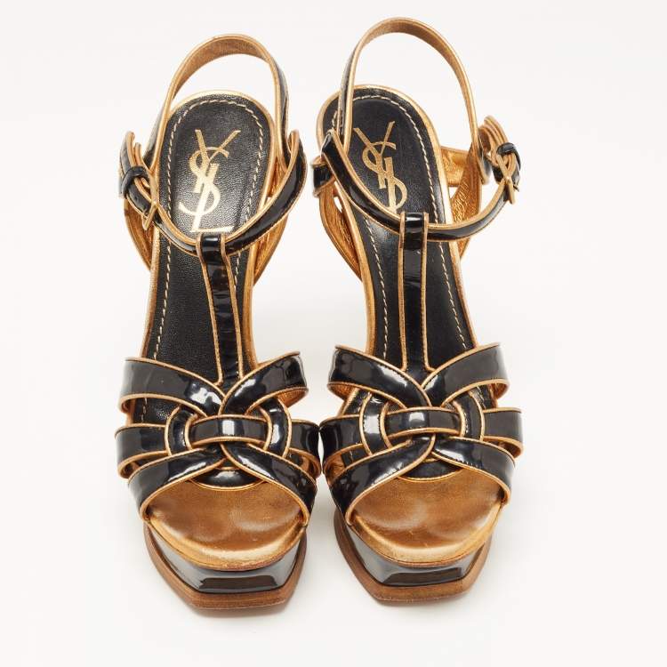 Pre Owned Yves Saint Laurent Gold/Black Patent Tribute Ankle Strap Sandals Size 37.5