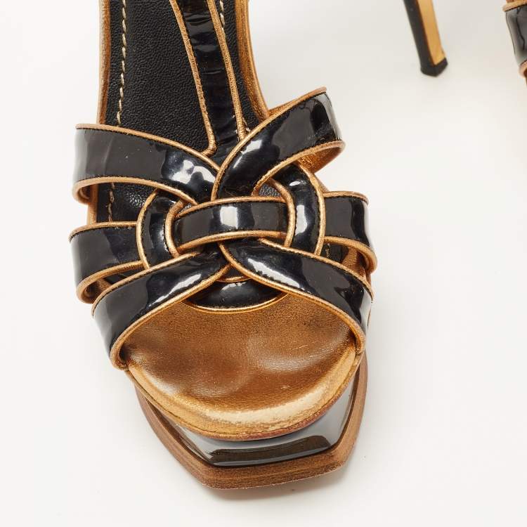 Pre Owned Yves Saint Laurent Gold/Black Patent Tribute Ankle Strap Sandals Size 37.5