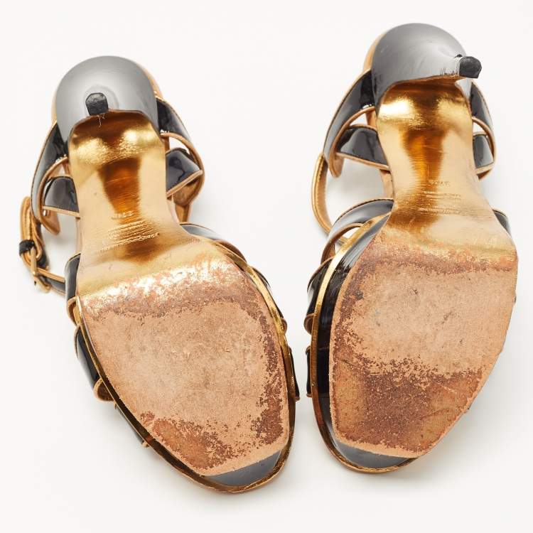 Pre Owned Yves Saint Laurent Gold/Black Patent Tribute Ankle Strap Sandals Size 37.5