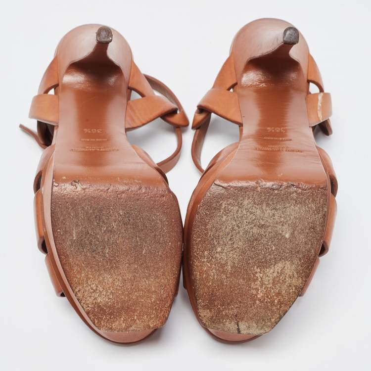 Pre Owned Yves Saint Laurent Brown Leather Tribute Sandals Size 36.5