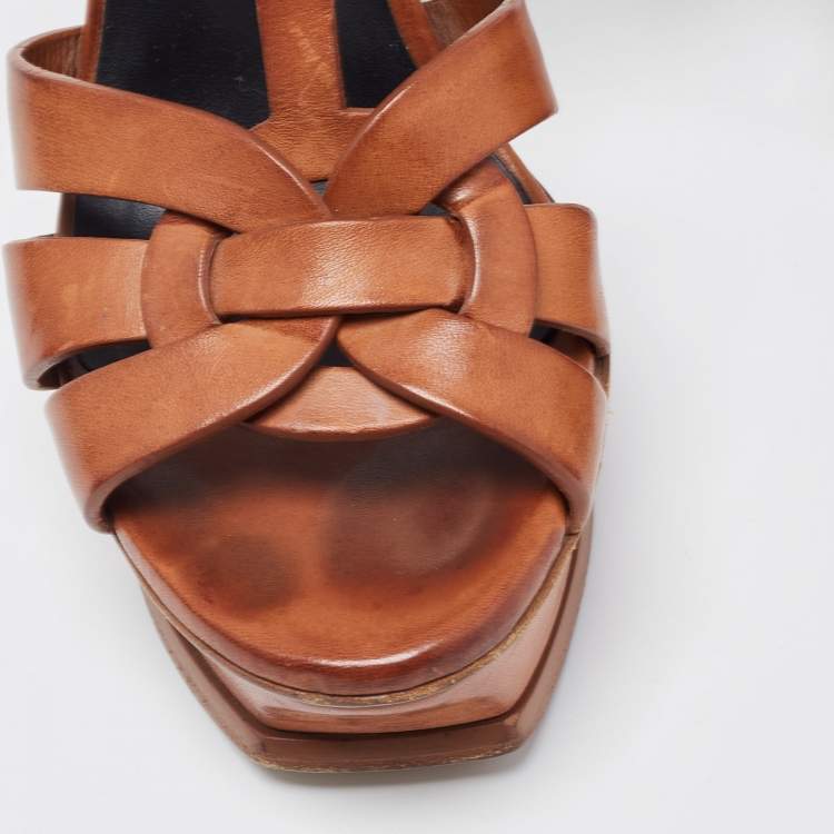 Pre Owned Yves Saint Laurent Brown Leather Tribute Sandals Size 36.5