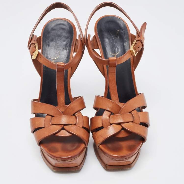 Pre Owned Yves Saint Laurent Brown Leather Tribute Sandals Size 36.5