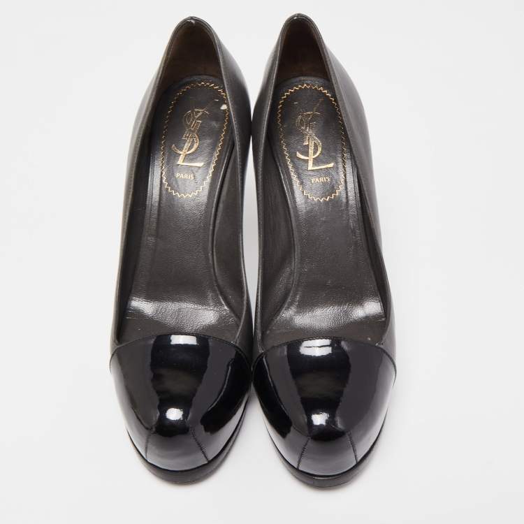 Pre Owned Yves Saint Laurent Grey/Black Leather and Patent Tribtoo Pumps Size 36
