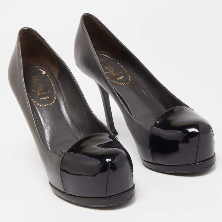 Pre Owned Yves Saint Laurent Grey/Black Leather and Patent Tribtoo Pumps Size 36