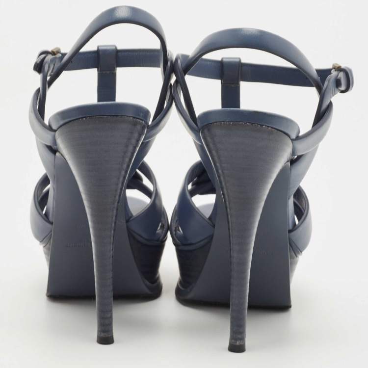 Pre Owned Yves Saint Laurent Navy Blue Leather Tribute Platform Ankle Strap Sandals Size 36