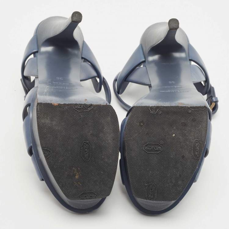 Pre Owned Yves Saint Laurent Navy Blue Leather Tribute Platform Ankle Strap Sandals Size 36