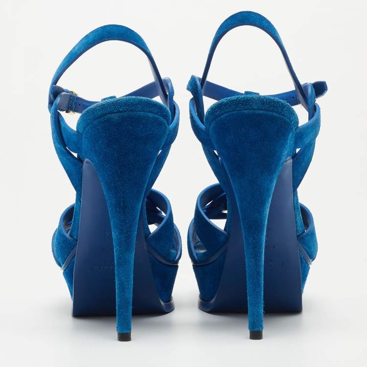 Pre Owned Yves Saint Laurent Blue Suede Tribute Ankle Strap Sandals Size 40.5
