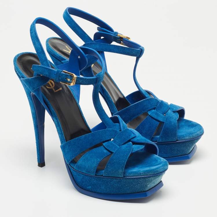 Pre Owned Yves Saint Laurent Blue Suede Tribute Ankle Strap Sandals Size 40.5