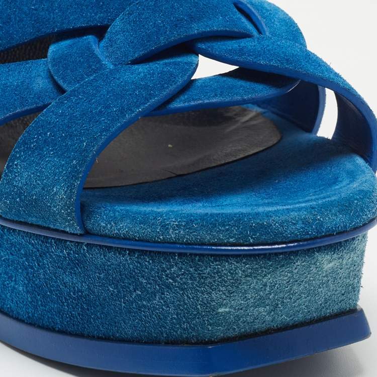 Pre Owned Yves Saint Laurent Blue Suede Tribute Ankle Strap Sandals Size 40.5
