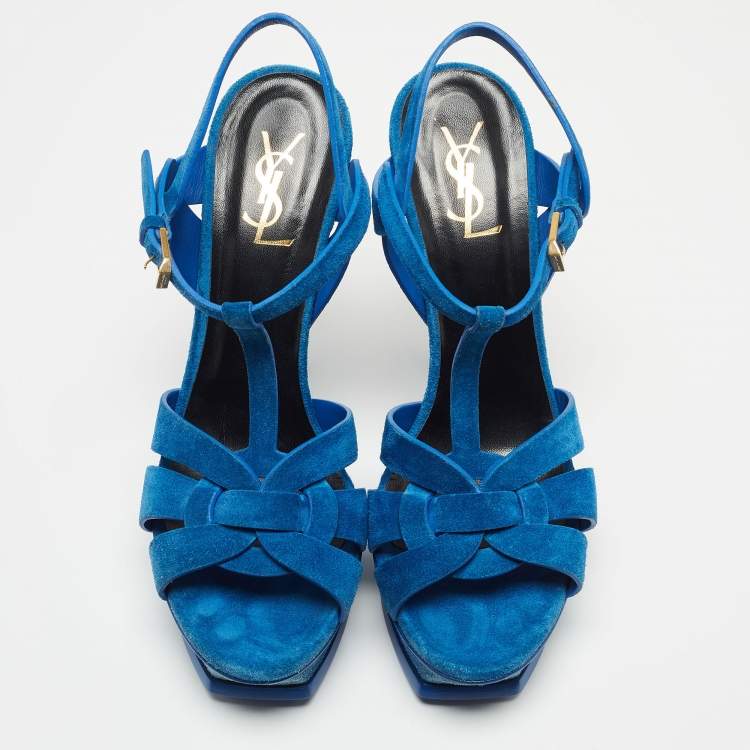 Pre Owned Yves Saint Laurent Blue Suede Tribute Ankle Strap Sandals Size 40.5