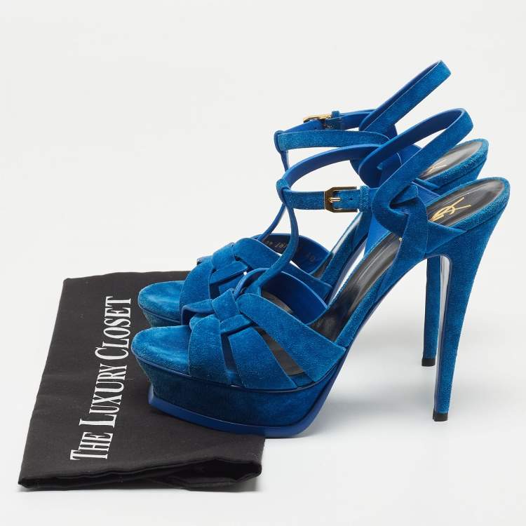 Pre Owned Yves Saint Laurent Blue Suede Tribute Ankle Strap Sandals Size 40.5