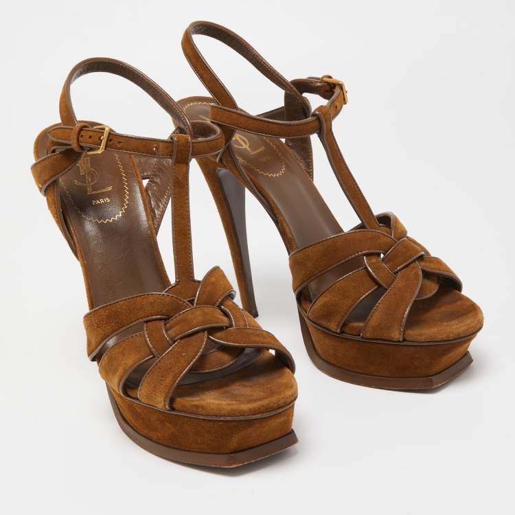 Pre Owned Yves Saint Laurent Brown Suede Tribute Platform Sandals Size 40