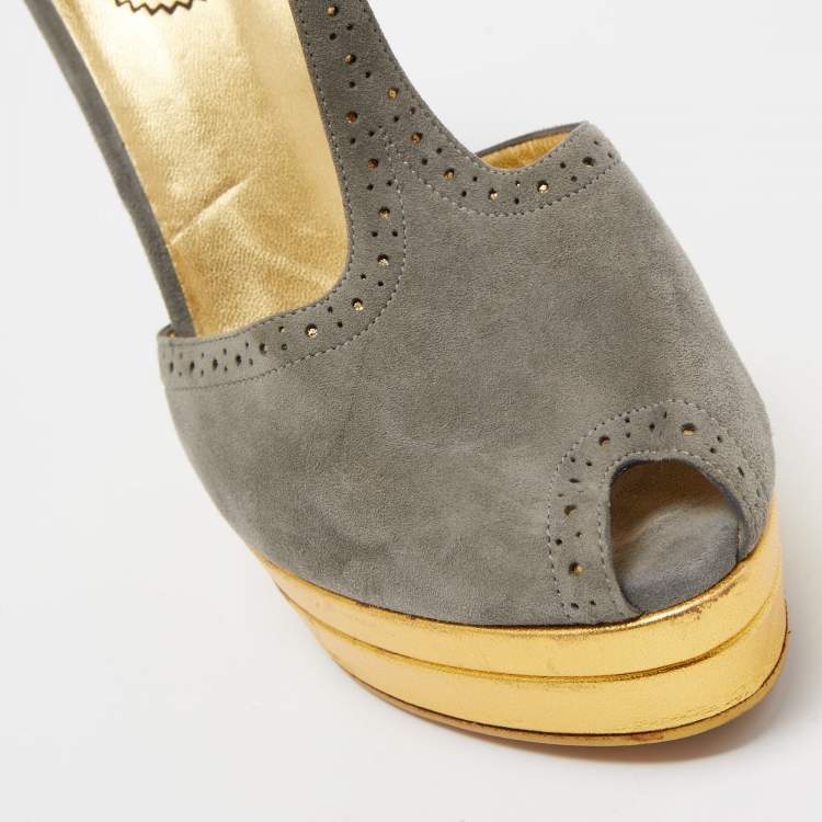 Pre Owned Yves Saint Laurent Grey Suede T-strap Wedge Platform Pumps Size 39.5