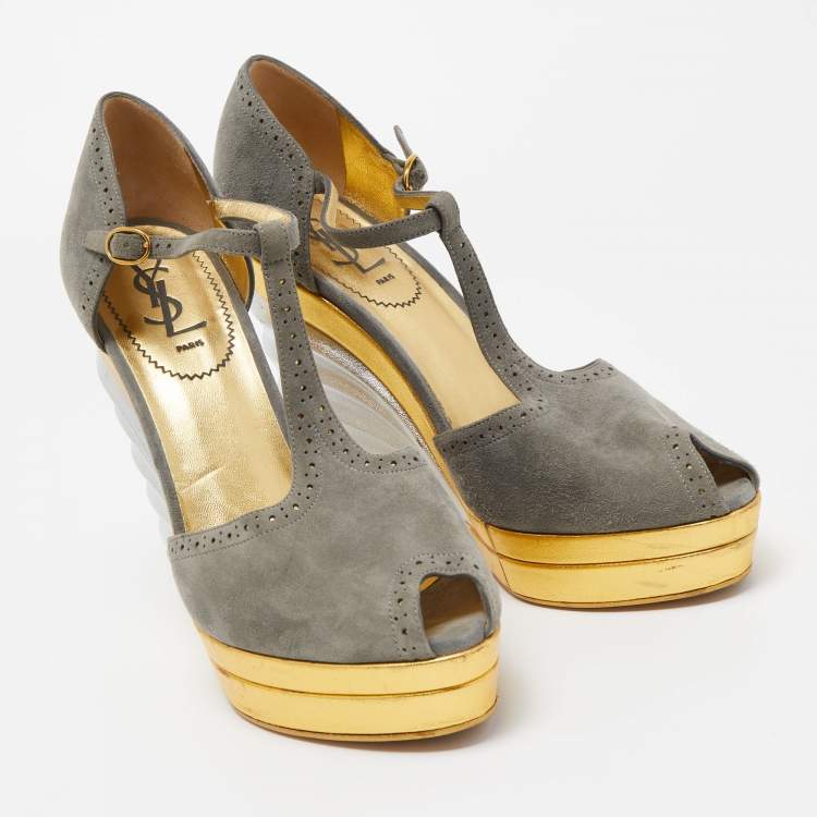 Pre Owned Yves Saint Laurent Grey Suede T-strap Wedge Platform Pumps Size 39.5
