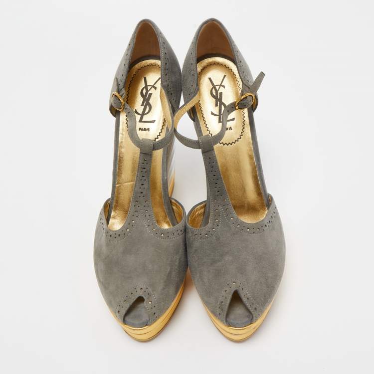 Pre Owned Yves Saint Laurent Grey Suede T-strap Wedge Platform Pumps Size 39.5