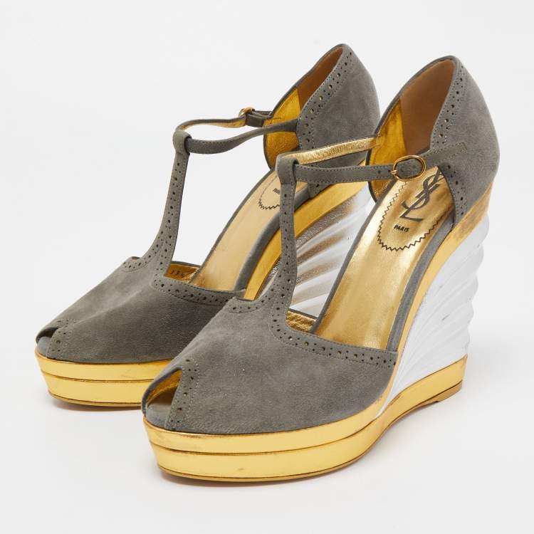Pre Owned Yves Saint Laurent Grey Suede T-strap Wedge Platform Pumps Size 39.5