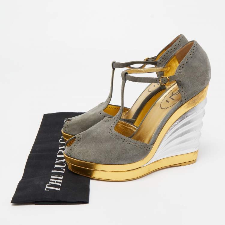 Pre Owned Yves Saint Laurent Grey Suede T-strap Wedge Platform Pumps Size 39.5
