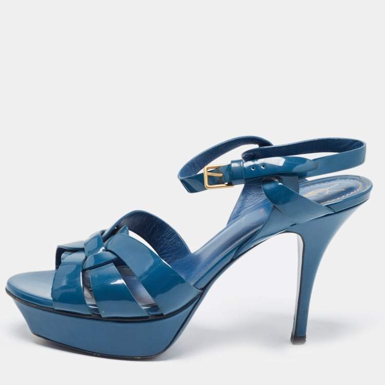 Pre Owned Yves Saint Laurent Blue Patent Leather Tribute Sandals Size 38