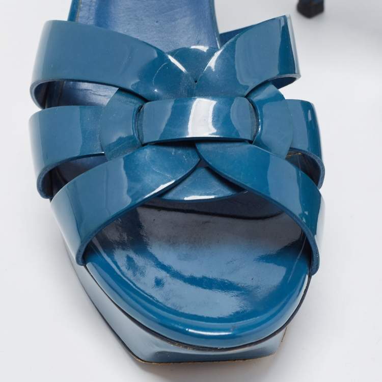 Pre Owned Yves Saint Laurent Blue Patent Leather Tribute Sandals Size 38