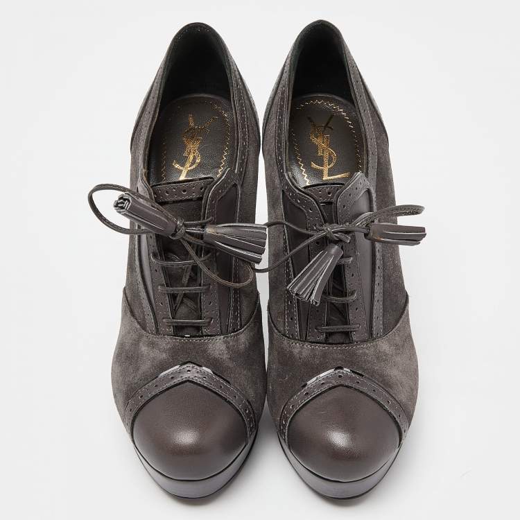 Pre Owned Yves Saint Laurent Grey Suede and Leather Janis Booties Size 38.5