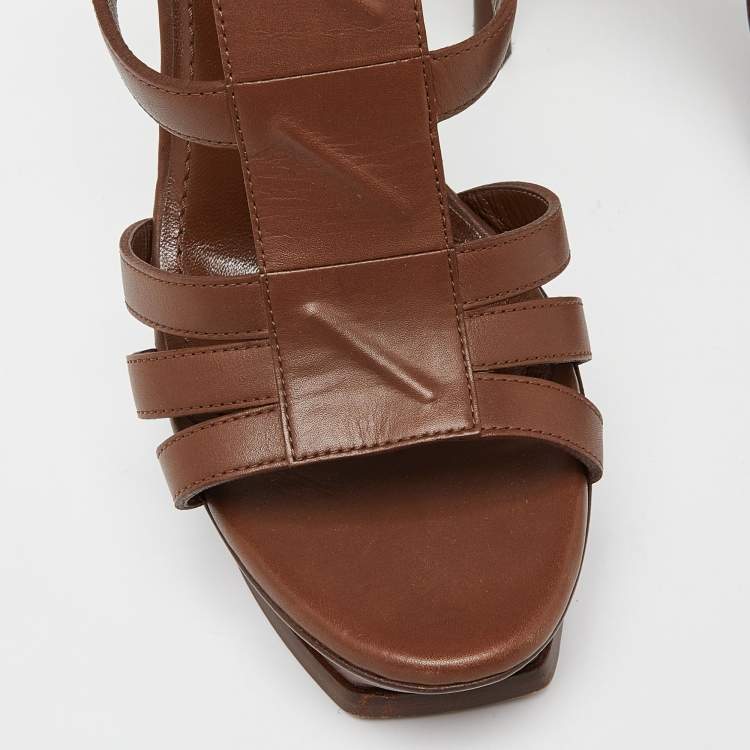 Pre Owned Yves Saint Laurent Brown Leather Platform Sandals Size 40