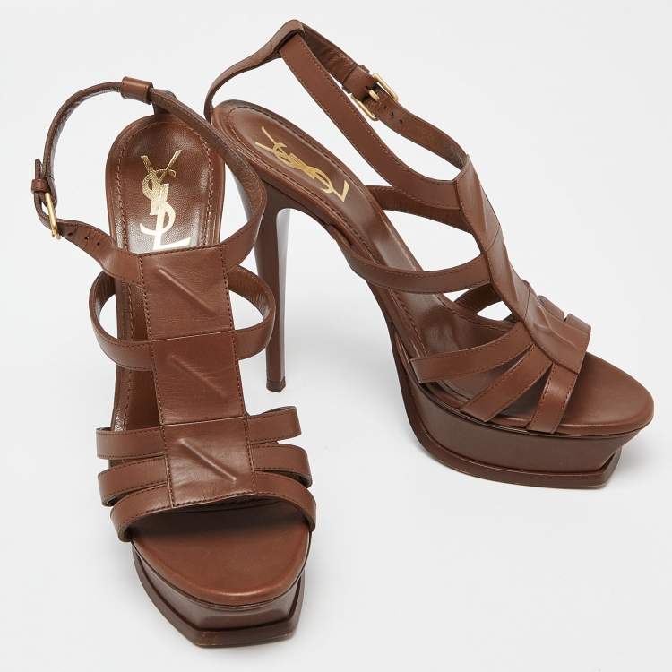 Pre Owned Yves Saint Laurent Brown Leather Platform Sandals Size 40