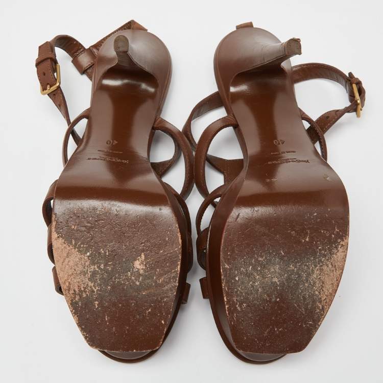 Pre Owned Yves Saint Laurent Brown Leather Platform Sandals Size 40