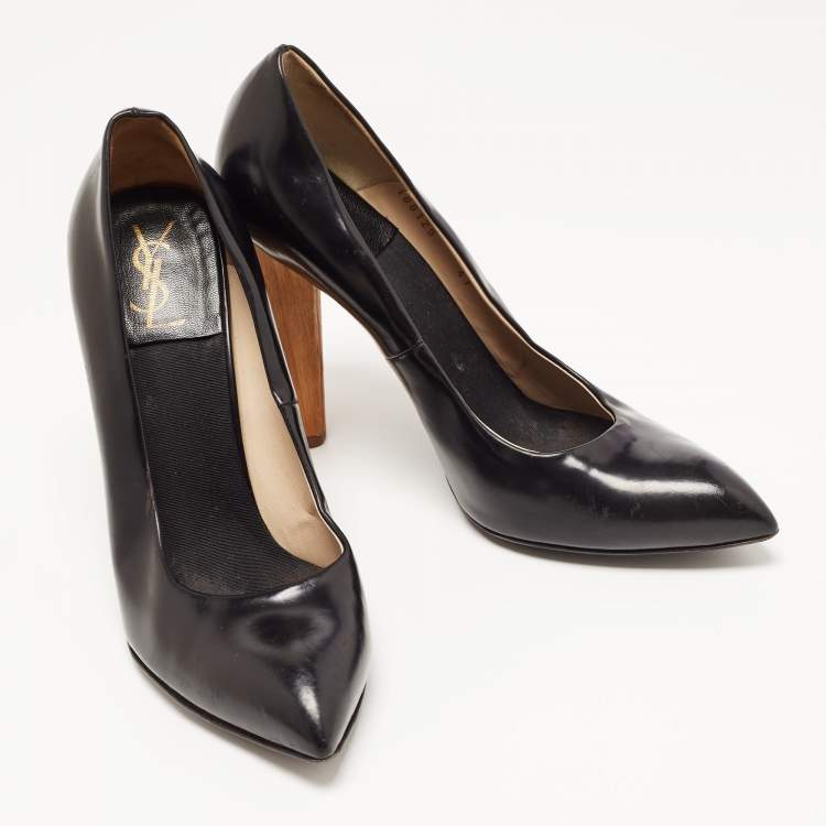 Pre Owned Yves Saint Laurent Black Leather Pointed Toe Wood Heel Pumps Size 41
