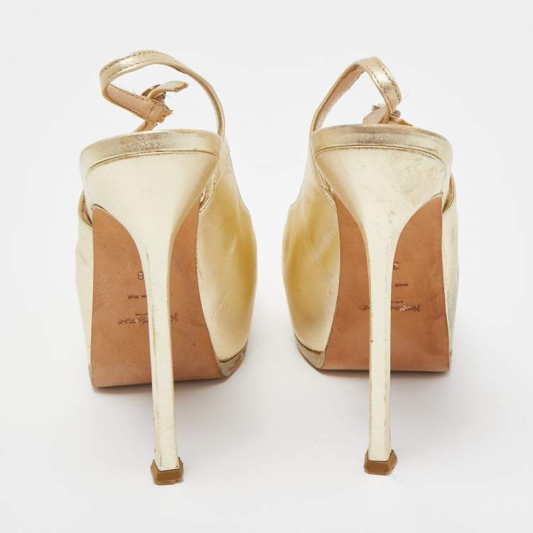 Pre Owned Yves Saint Laurent Gold Leather Tribtoo Slingback Pumps Size 38
