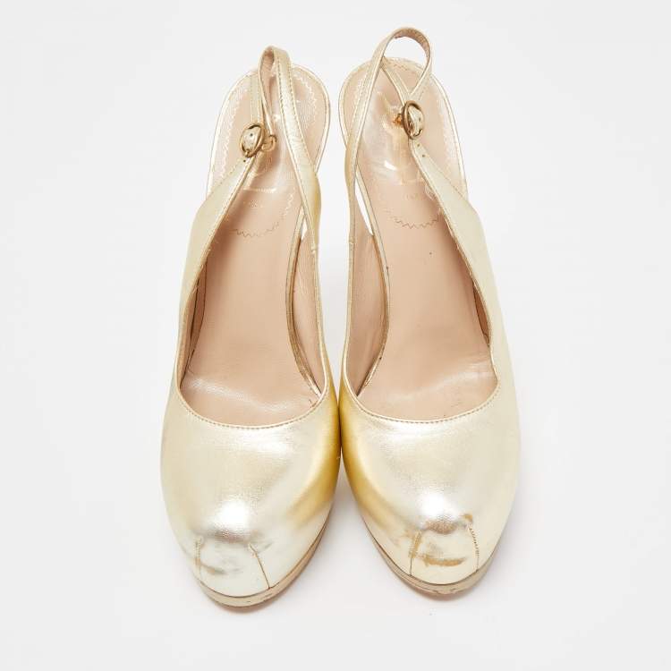 Pre Owned Yves Saint Laurent Gold Leather Tribtoo Slingback Pumps Size 38