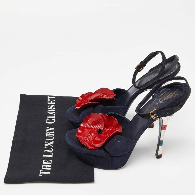 مملوكة مسبقًا Yves Saint Laurent Navy Blue Suede Flower Embellished Ankle Strap Sandals Size 39