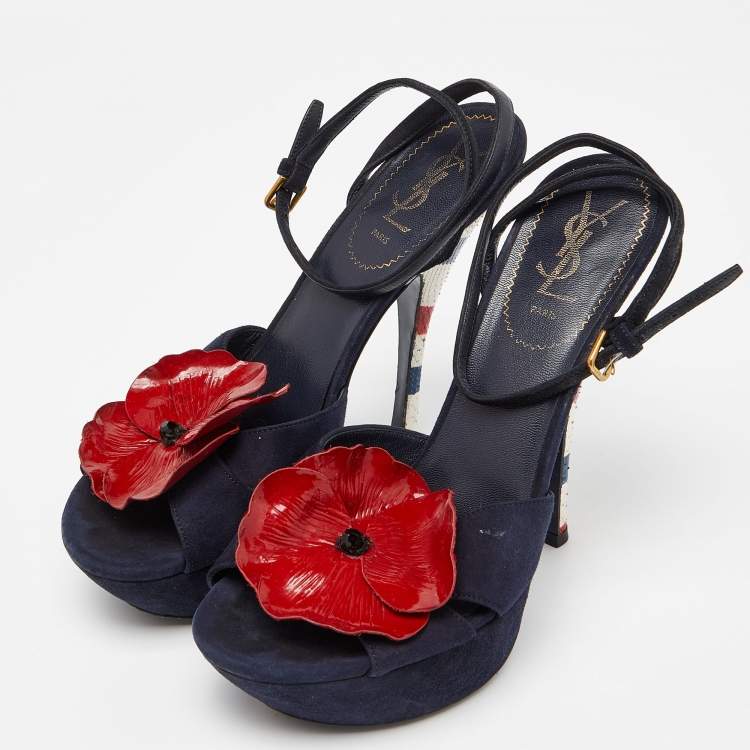 مملوكة مسبقًا Yves Saint Laurent Navy Blue Suede Flower Embellished Ankle Strap Sandals Size 39