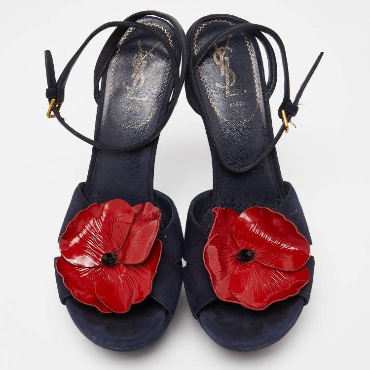 مملوكة مسبقًا Yves Saint Laurent Navy Blue Suede Flower Embellished Ankle Strap Sandals Size 39